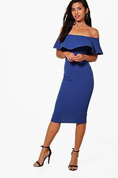 Boohoo Off The Shoulder Frill Midi Bodycon Dress