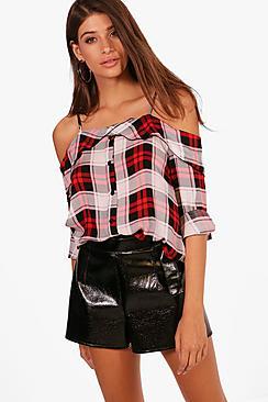 Boohoo Katy Check Ruffle Cold Shoulder Blouse