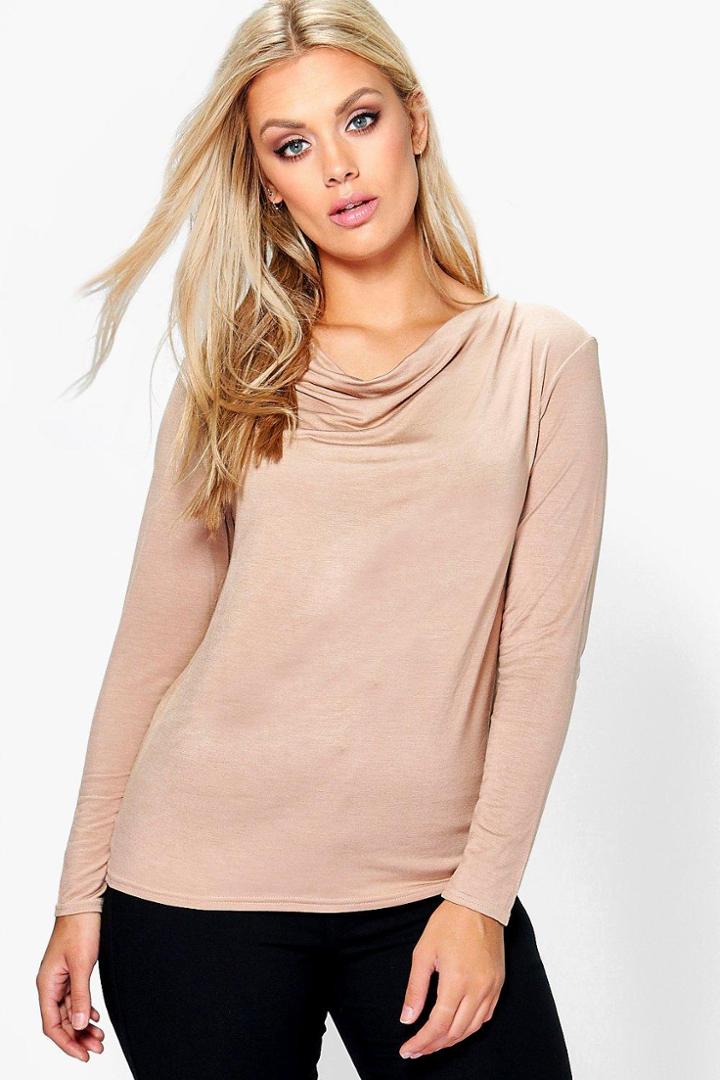 Boohoo Plus Elizabeth High Neck Cowl Top Camel