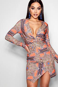 Boohoo Hayley Scarf Print Twist Front Bodycon Dress