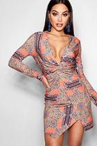 Boohoo Hayley Scarf Print Twist Front Bodycon Dress