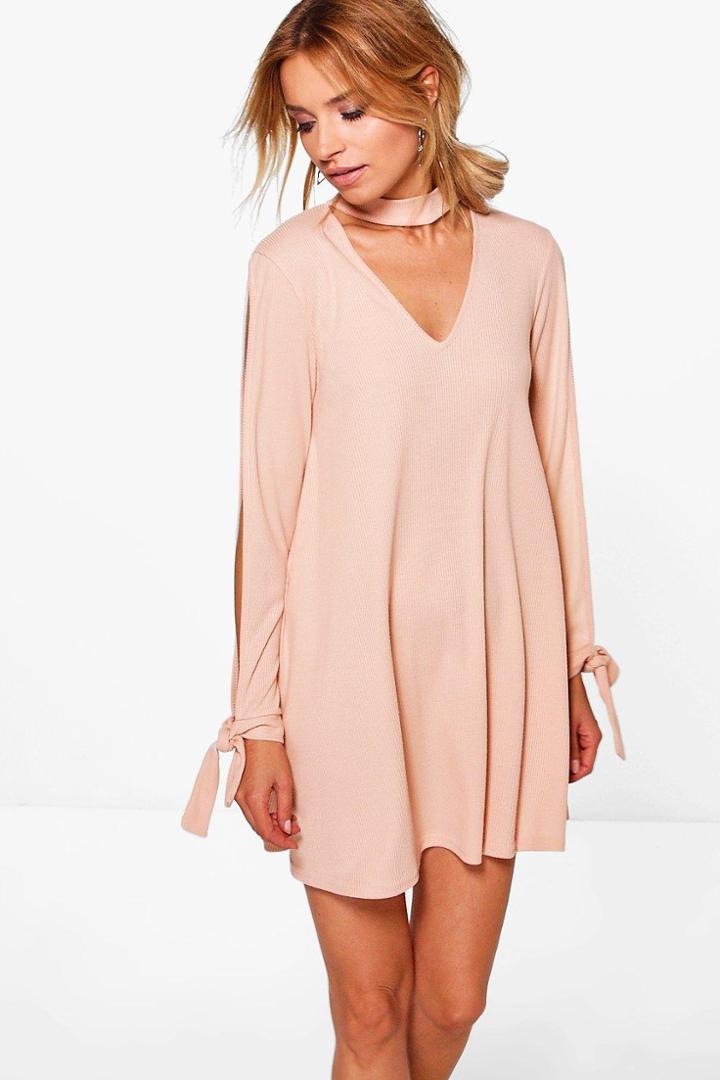 Boohoo Leila Choker Sleeve Detail Rib Knit Swing Dress Nude