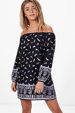 Boohoo Evie Off Shoulder Paisley Print Shift Dress