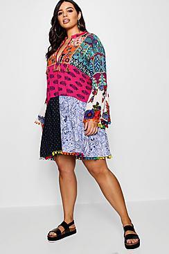 Boohoo Plus Ivy Embroidered Tassel Smock Dress