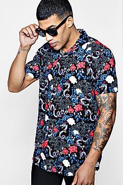 Boohoo Black Short Sleeve Oriental Print Shirt