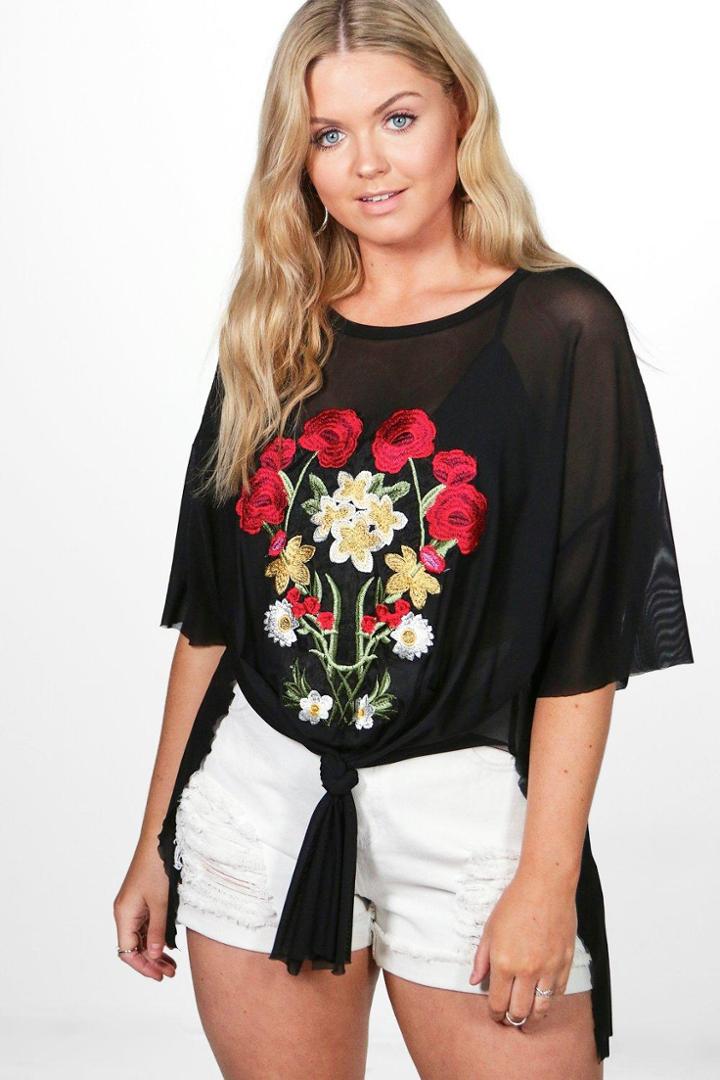 Boohoo Plus Sasha Embroidered Sheer Top Black