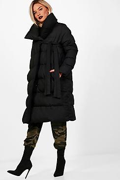 Boohoo Longline Padded Tie Front Coat