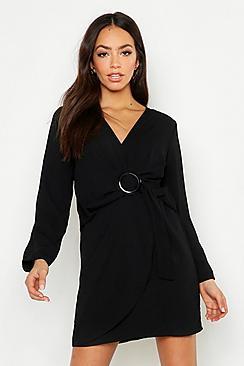 Boohoo Woven V Neck Wrap Buckle Dress