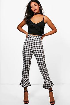 Boohoo Isabelle Mono Check Ruffle Hem Skinny Trousers
