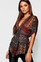 Boohoo Boho Print Knot Front Blouse