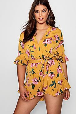 Boohoo Plus Floral Ruffle Hem Playsuit