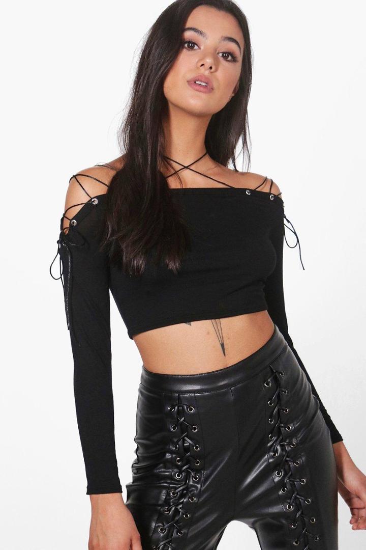 Boohoo Sophie Strappy Tie Shoulder Crop Top Black