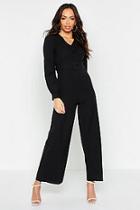 Boohoo Button Detail Belted Wide Leg Jumpsuit
