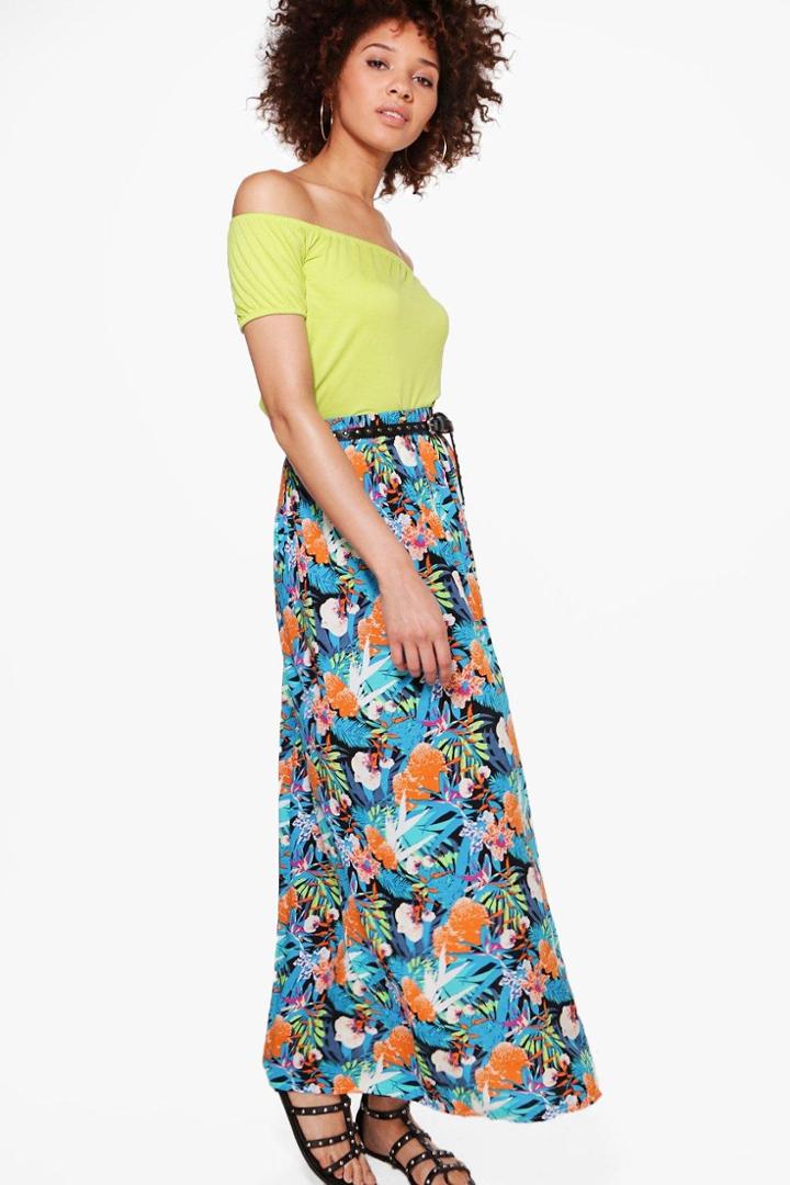 Boohoo Luna Tropical Print Maxi Skirt Blue