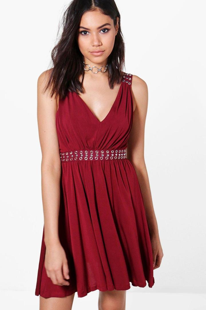 Boohoo Abigail Eyelet Detail Dress Wine