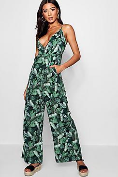 Boohoo Palm Print Wrap Front Jumpsuit