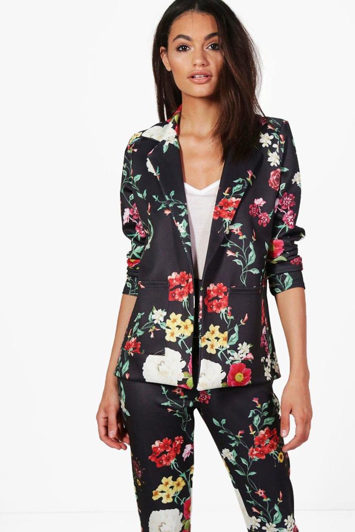 Boohoo Violet Floral Pocket Blazer Black