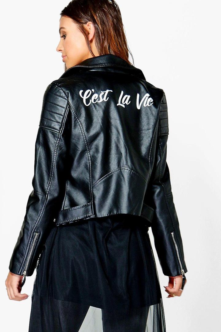 Boohoo Petite Maddi Slogan Biker Jacket Black