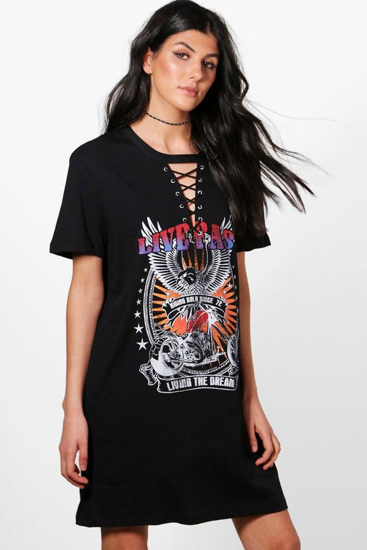 Boohoo Freya Lace Up Choker Band T-shirt Dress Black