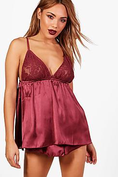 Boohoo Cora Lena Satin & Lace Trim Short Set
