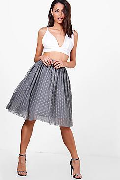 Boohoo Boutique Indira Polka Dot Tulle Full Midi Skirt