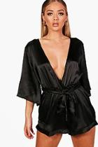 Boohoo Ingrid Satin Tie Belt Kimono Style Playsuit