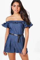 Boohoo Lola Off The Shoulder Frill Chambray Playsuit Blue