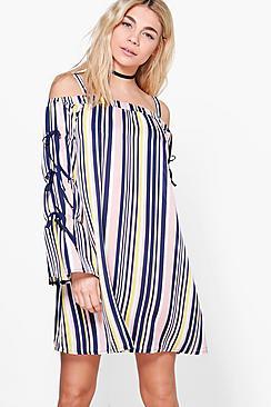 Boohoo Veronica Striped Tie Sleeve Shift Dress