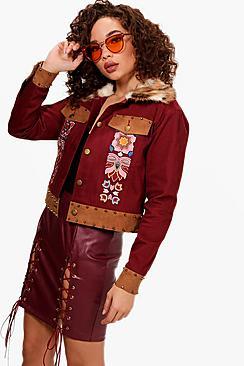 Boohoo Embroidered Studded Fur Collar Denim Jacket