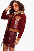 Boohoo Embroidered Studded Fur Collar Denim Jacket