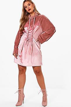 Boohoo Plus Ava Velvet Flare Sleeve Lace Up Dress