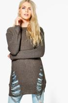 Boohoo Mia Distressed Oversized Jumper Mocha