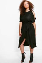 Boohoo Plus Han Open Shoulder Tie Waist Wrap Dress Black