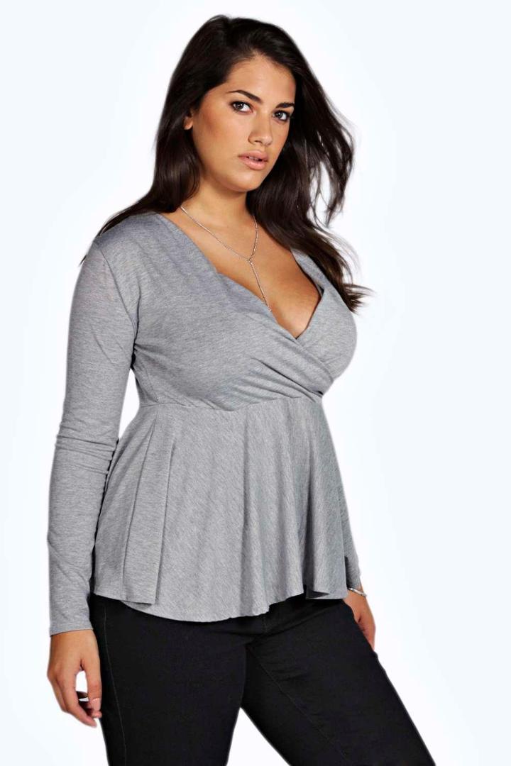 Boohoo Plus Julia Wrap Front Peplum Top Grey