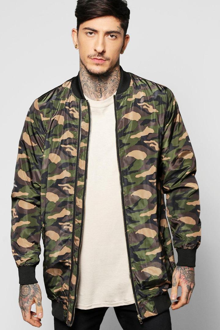 Boohoo Longline All Over Camo Multi Zip Jacket Khaki