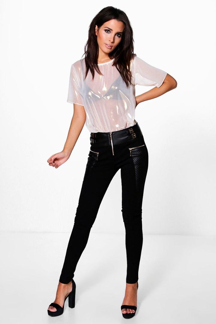 Boohoo Bex Coated Buckle Detail Stretch Skinny Trousers Black