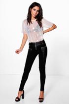 Boohoo Bex Coated Buckle Detail Stretch Skinny Trousers Black