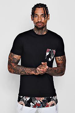 Boohoo Longline Oriental Print Pocket T-shirt