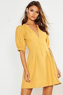 Boohoo V Front Button Detail Pleat Skater Dress