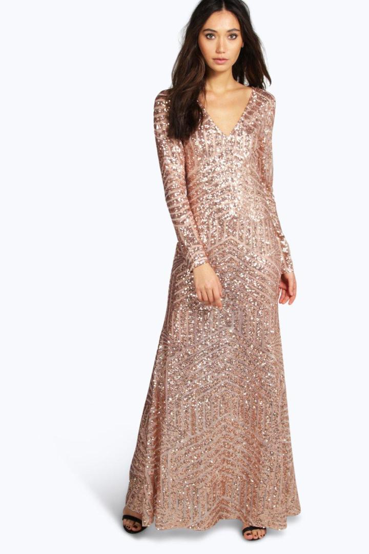 Boohoo Boutique Mia Sequin & Mesh Plunge Neck Maxi Dress Nude