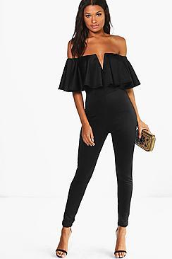 Boohoo Jenny Plunge Frill Skinny Leg Jumpsuit