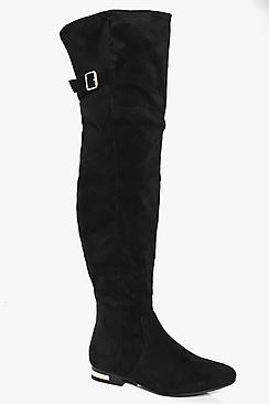 Boohoo Paige Buckle Trim Flat Over The Knee Boot