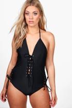 Boohoo Plus Nicola Lace Up Bathing Suit Black