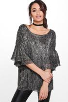 Boohoo Lucy Pleated Metallic Frill Sleeve Top Silver