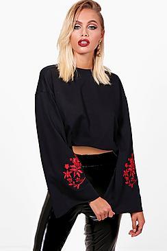 Boohoo Freya Wide Sleeve Embroidered Crop Sweat