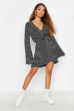 Boohoo Printed Jersey Frill Flare Sleeve Wrap Dress