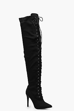 Boohoo Olive Lace Up Pointed Toe Over The Knee