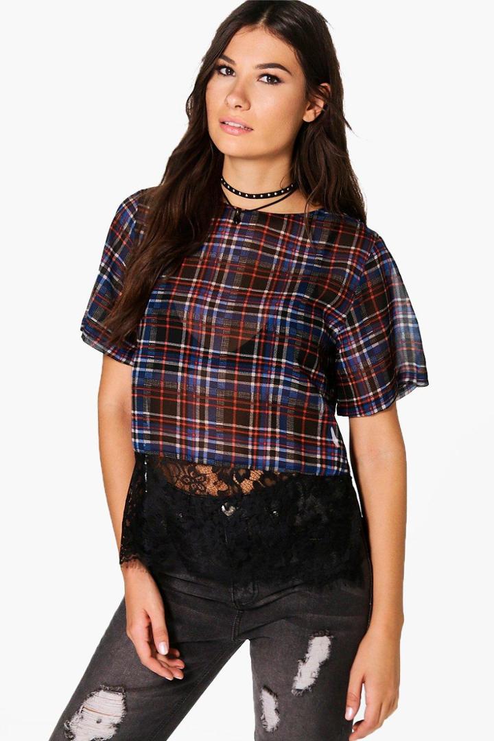 Boohoo Enya Check Woven Lace Hem Shell Top Blue