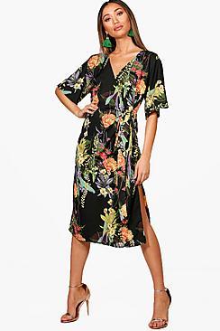 Boohoo Katy Floral Kimono Wrap Midi Dress