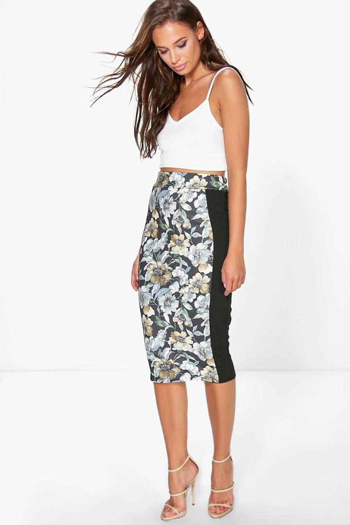 Boohoo Abriana Dark Floral Panelled Midi Skirt Multi